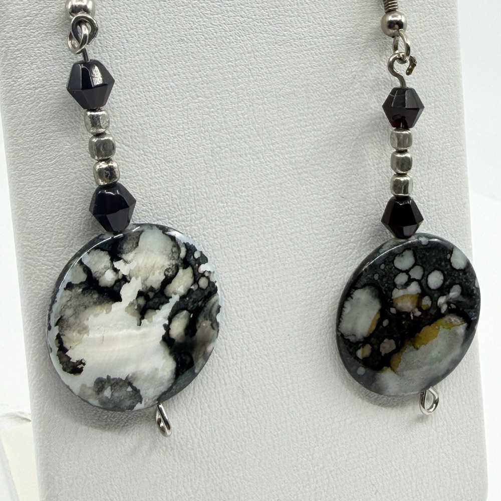 Black White Speckled Stone Dangle Earrings Gothic Boho Statement Jewelry - Picture 4 of 9